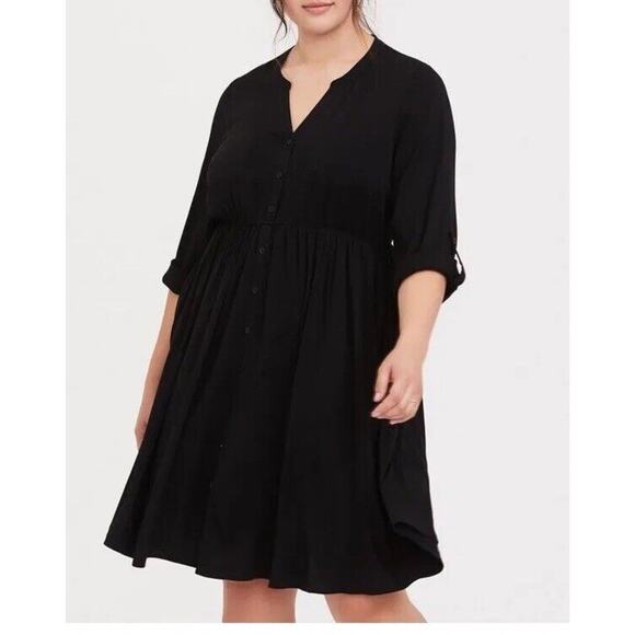 Torrid Dress Women's 2X Plus Black Challis Button Front Long Sleeve Rolled Tab - Picture 6 of 11